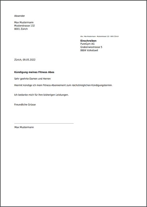 Kündigung für PureGym (Schweiz) kostenlos als PDF erstellen